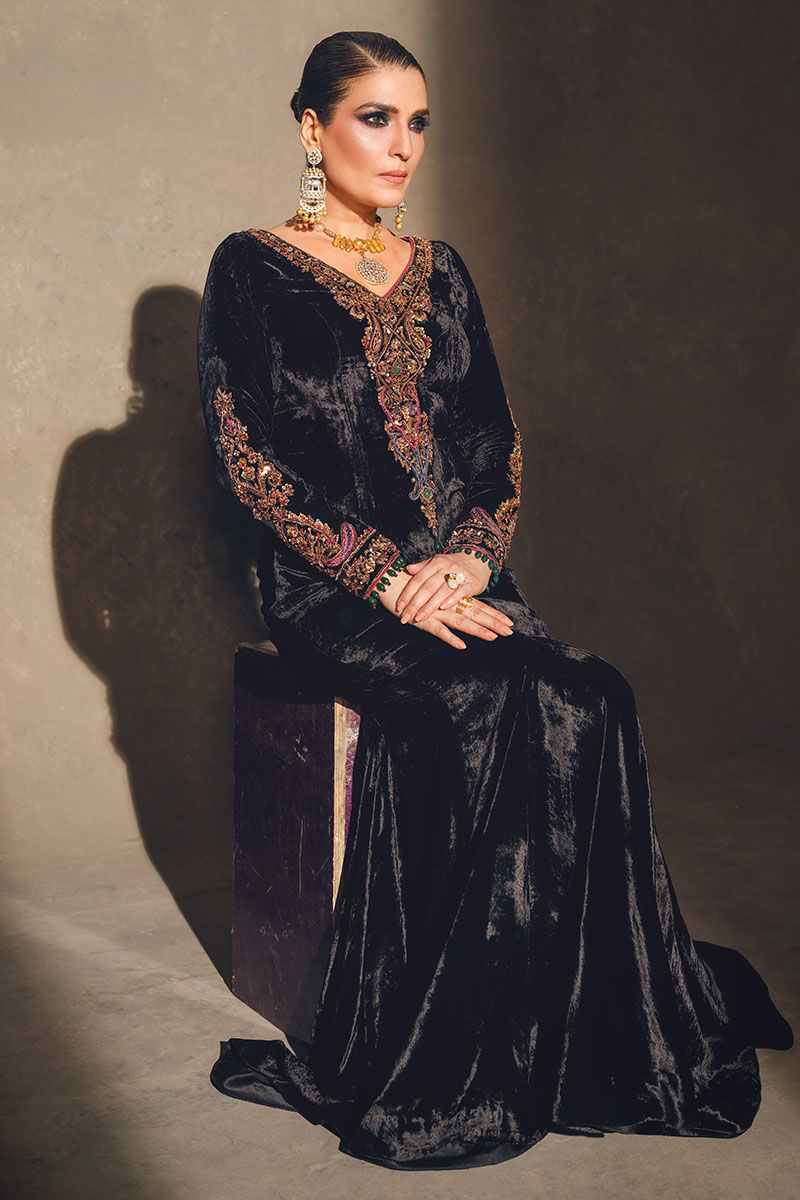 Black Embroidered Velvet Gown (1-Pc) - Image 2