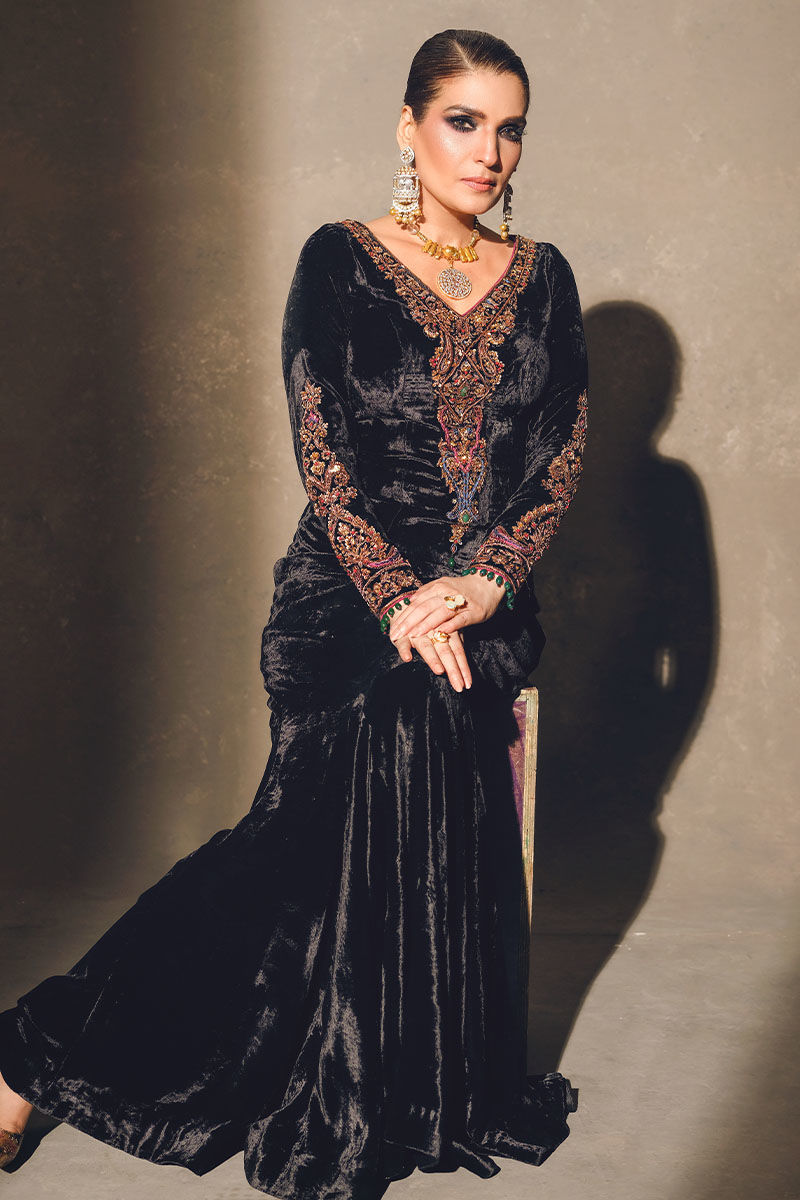 Black Embroidered Velvet Gown (1-Pc) - Image 3