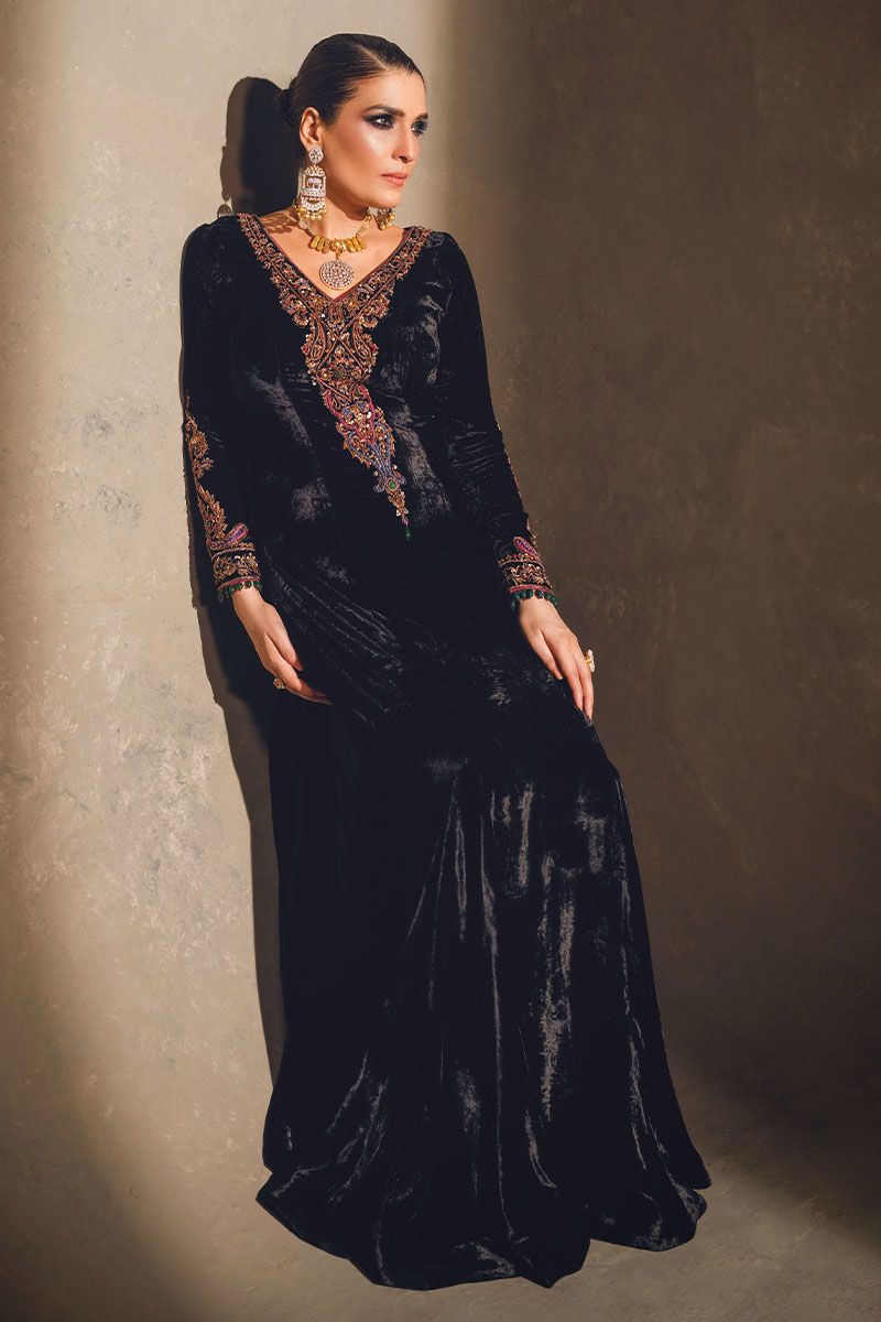 Black Embroidered Velvet Gown (1-Pc) - Image 5