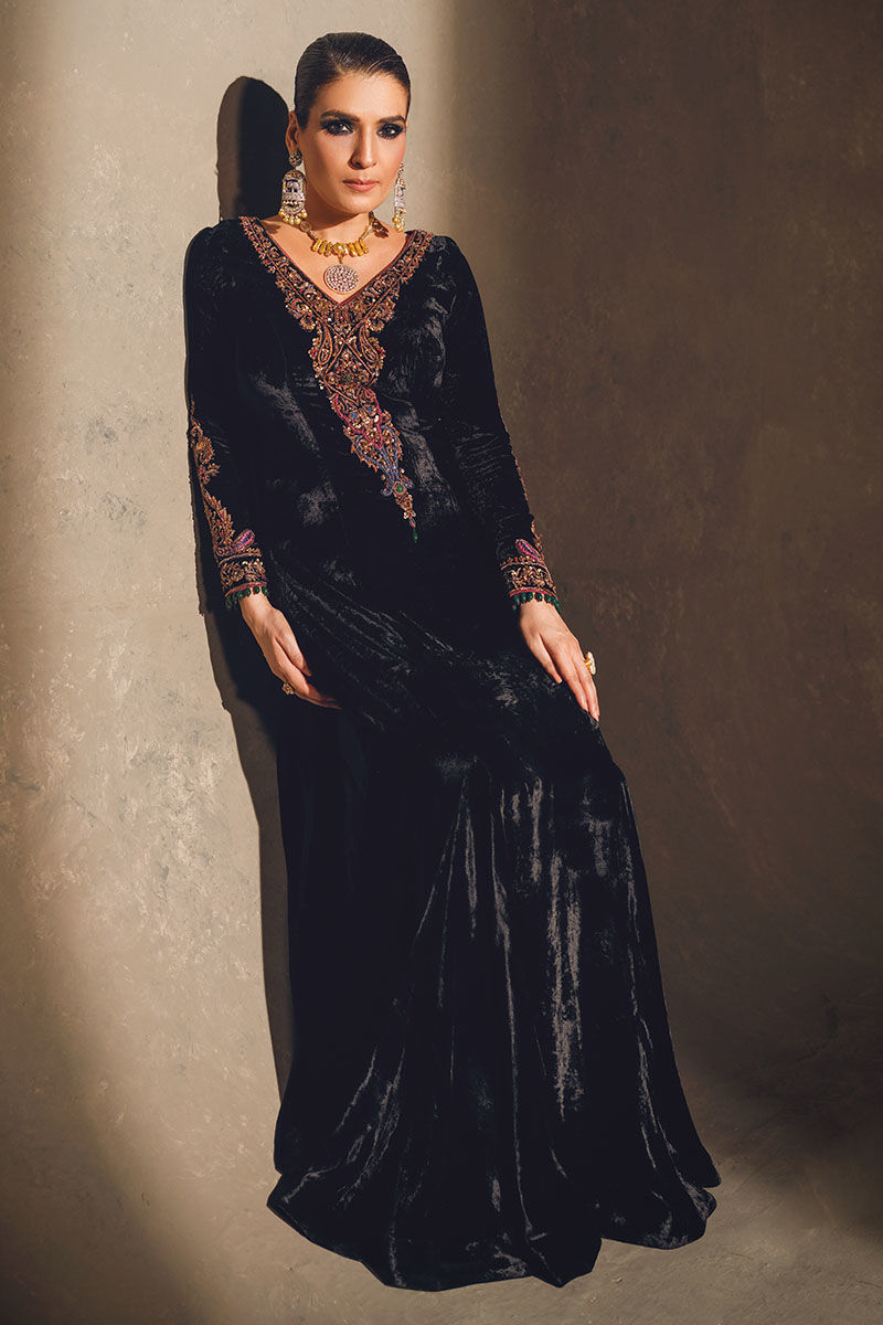 Black Embroidered Velvet Gown (1-Pc) - Image 6