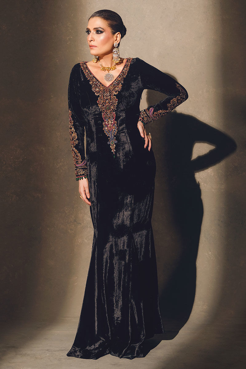 Black Embroidered Velvet Gown (1-Pc) - Image 7