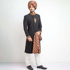 Black Zardozi Embroidered 130's Suiting Sherwani (5-Piece) - Image 2