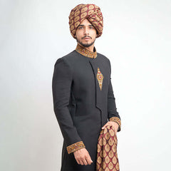 Black Zardozi Embroidered 130's Suiting Sherwani (5-Piece) - Image 4