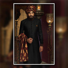 Black Embroidered Brocade Groom Sherwani (3-Piece) - Image 2