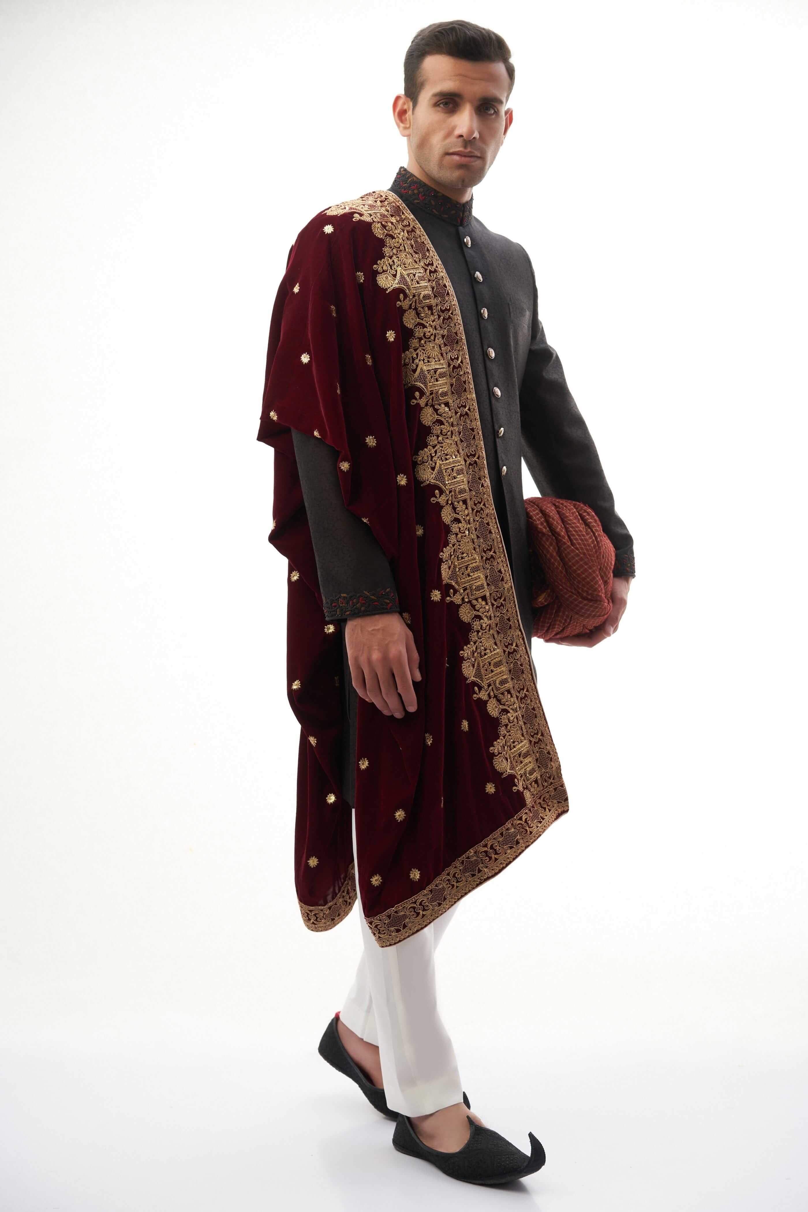 Jet Black Zardozi Brocade Silk Sherwani (3-Piece) - Image 1