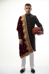 Jet Black Zardozi Brocade Silk Sherwani (3-Piece) - Image 3