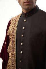 Jet Black Zardozi Brocade Silk Sherwani (3-Piece) - Image 4