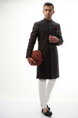 Jet Black Zardozi Brocade Silk Sherwani (3-Piece) - Image 5