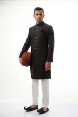 Jet Black Zardozi Brocade Silk Sherwani (3-Piece) - Image 6