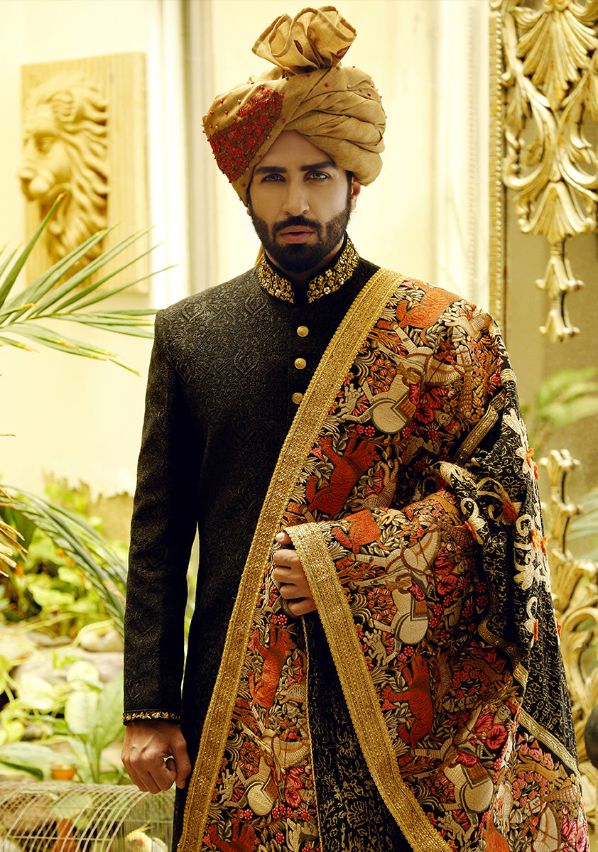 Black Embroidered Caviar Silk Sherwani (3-Piece) - Image 1