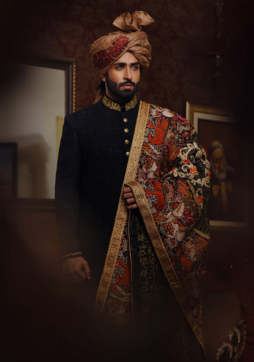 Black Embroidered Caviar Silk Sherwani (3-Piece) - Image 2