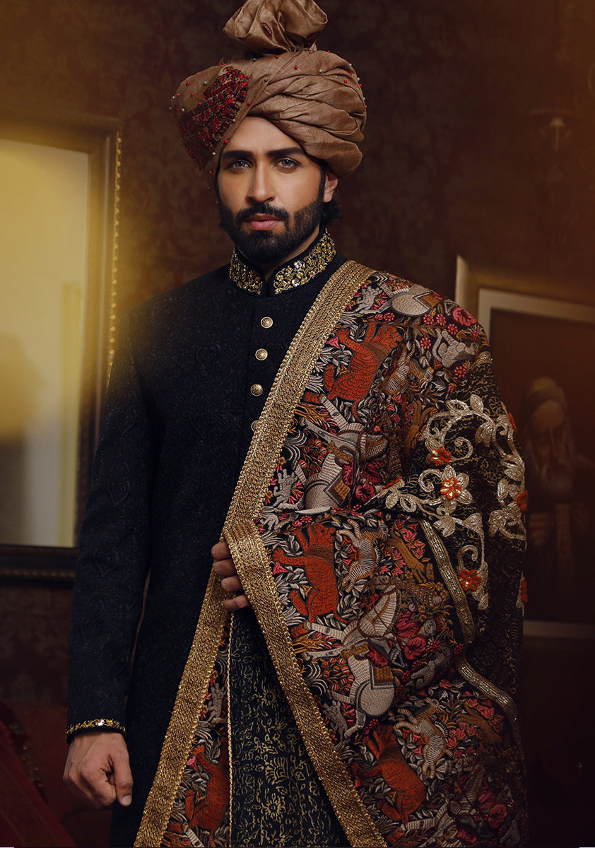Black Embroidered Caviar Silk Sherwani (3-Piece) - Image 3