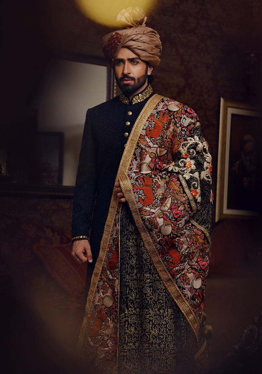 Black Embroidered Caviar Silk Sherwani (3-Piece) - Image 5