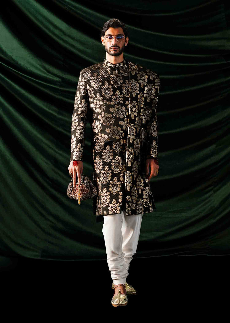 Black Banarsi Chanderi Silk Sherwani (3-Piece) - Image 1