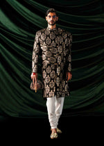Black Banarsi Chanderi Silk Sherwani (3-Piece) - Image 2