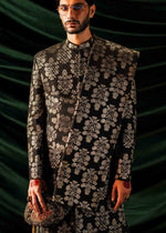 Black Banarsi Chanderi Silk Sherwani (3-Piece) - Image 3