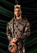 Black Banarsi Chanderi Silk Sherwani (3-Piece) - Image 4