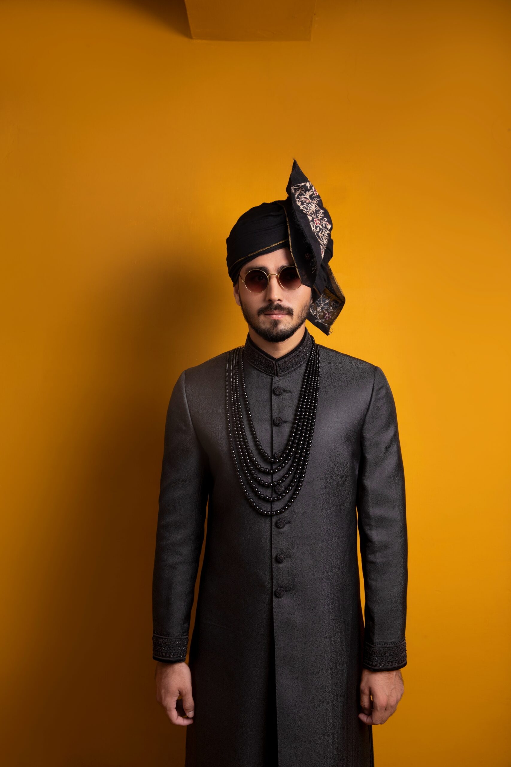 Black Hand Embroidered Self-Weaved Sherwani (2-Piece) - Image 1