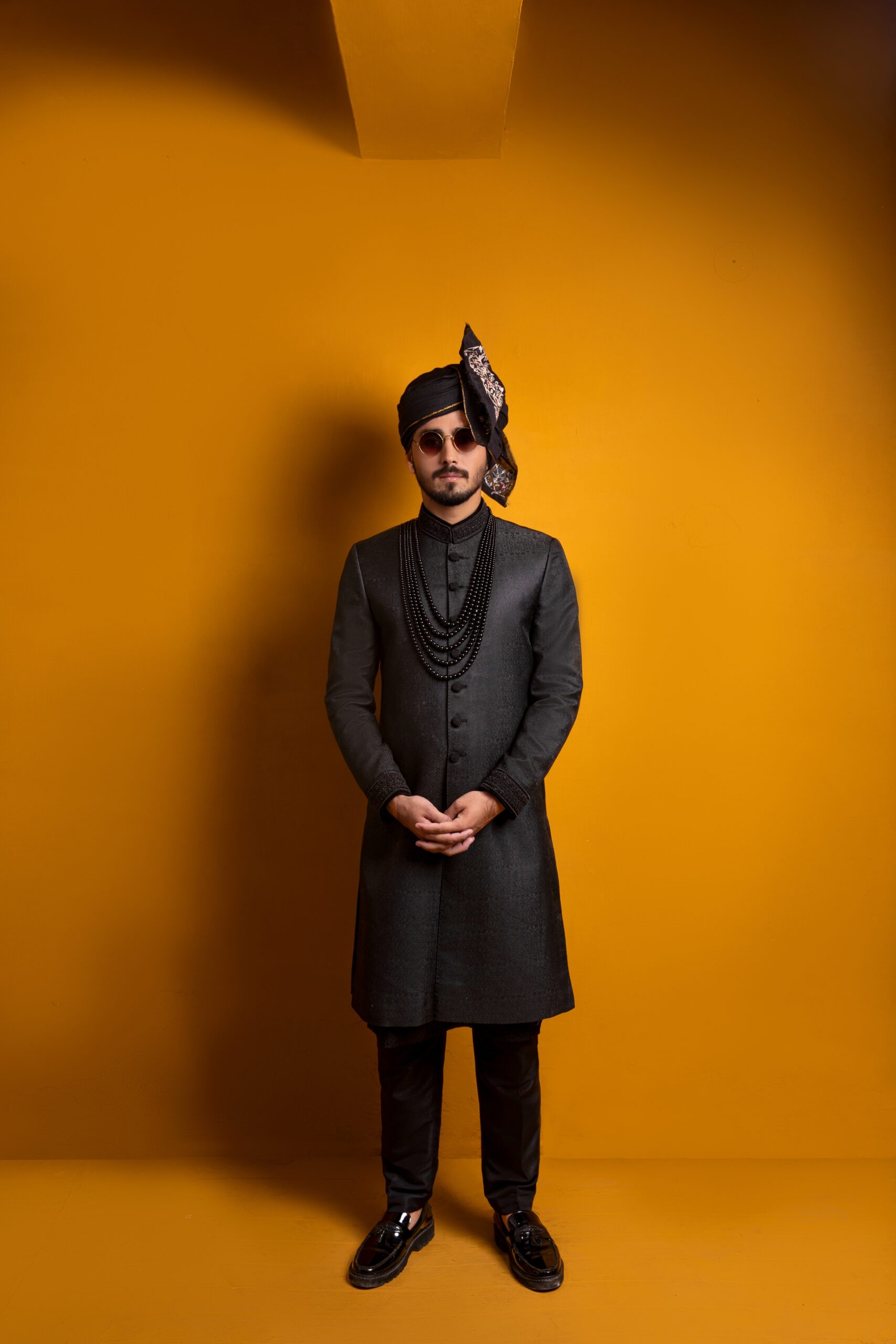 Black Hand Embroidered Self-Weaved Sherwani (2-Piece) - Image 2
