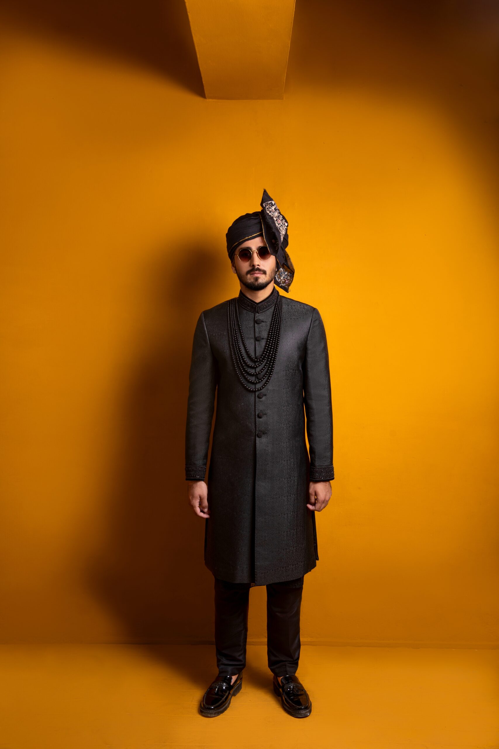 Black Hand Embroidered Self-Weaved Sherwani (2-Piece) - Image 4