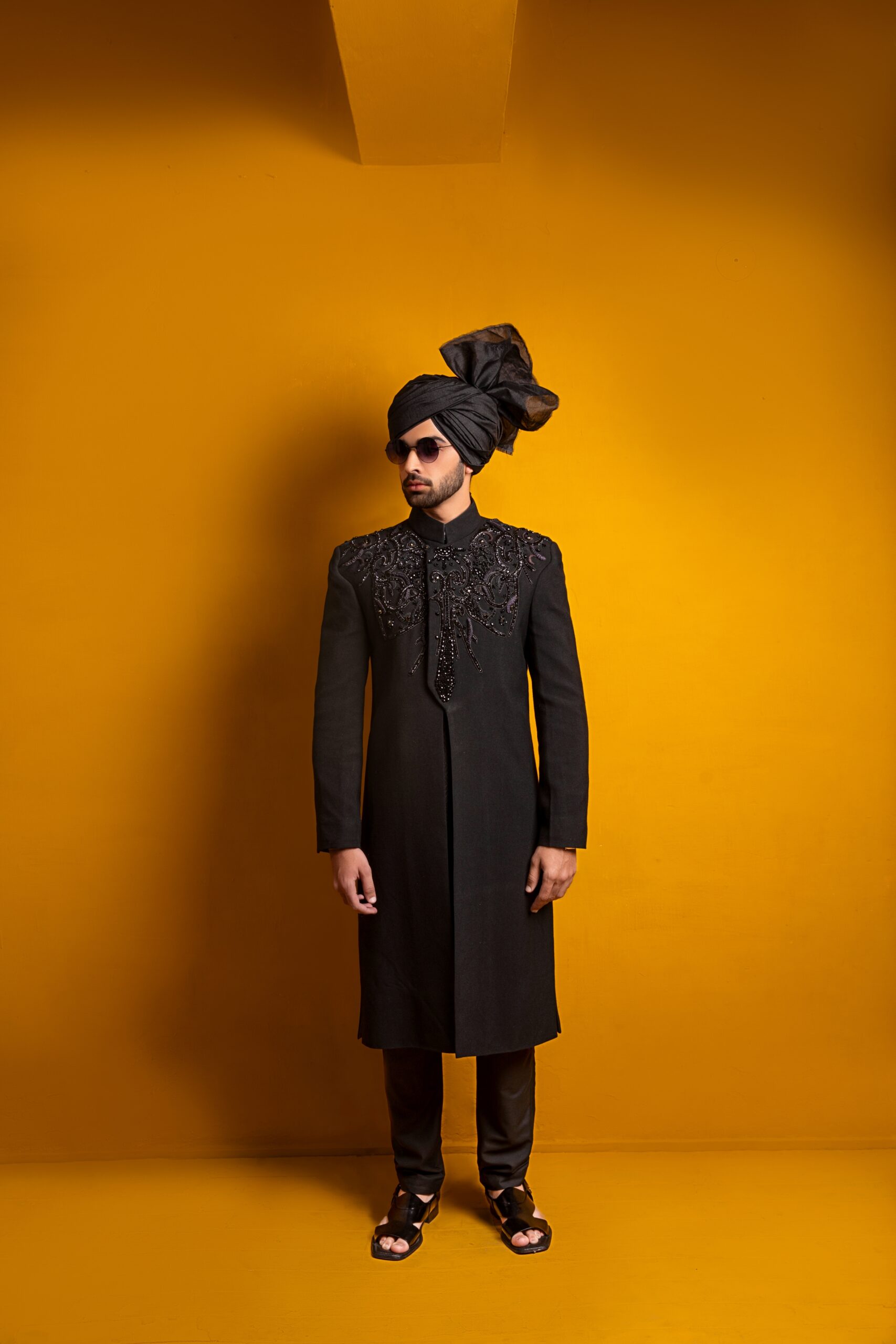 Black Hand-Embroidered Sherwani (3-Piece) - Image 2