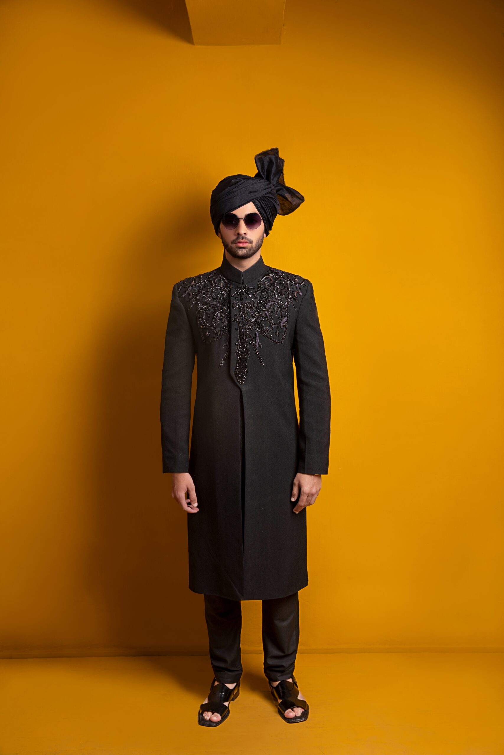 Black Hand-Embroidered Sherwani (3-Piece) - Image 3