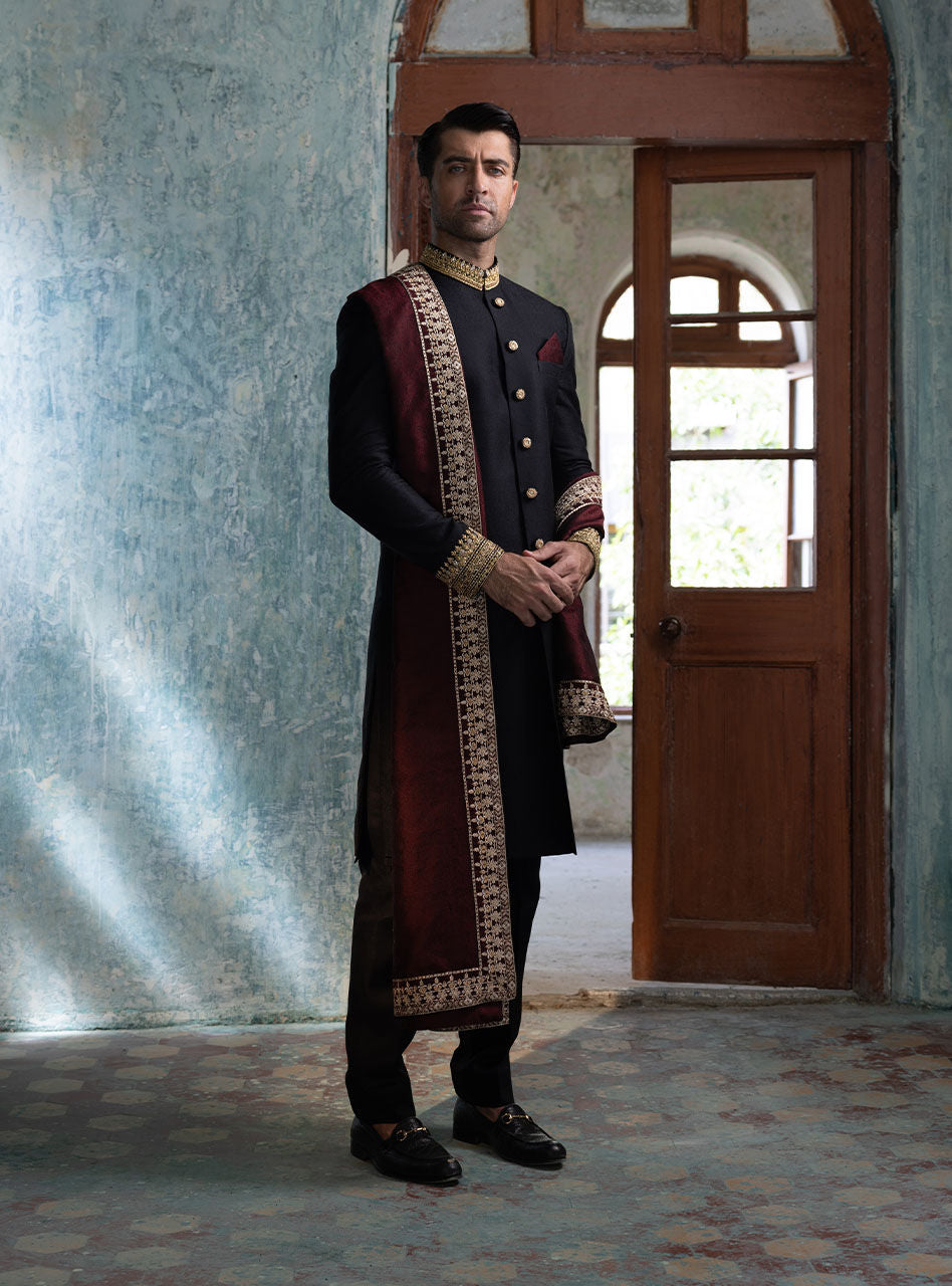 Black Embroidered Cotton-Jacquard Sherwani (3-Piece) - Image 1