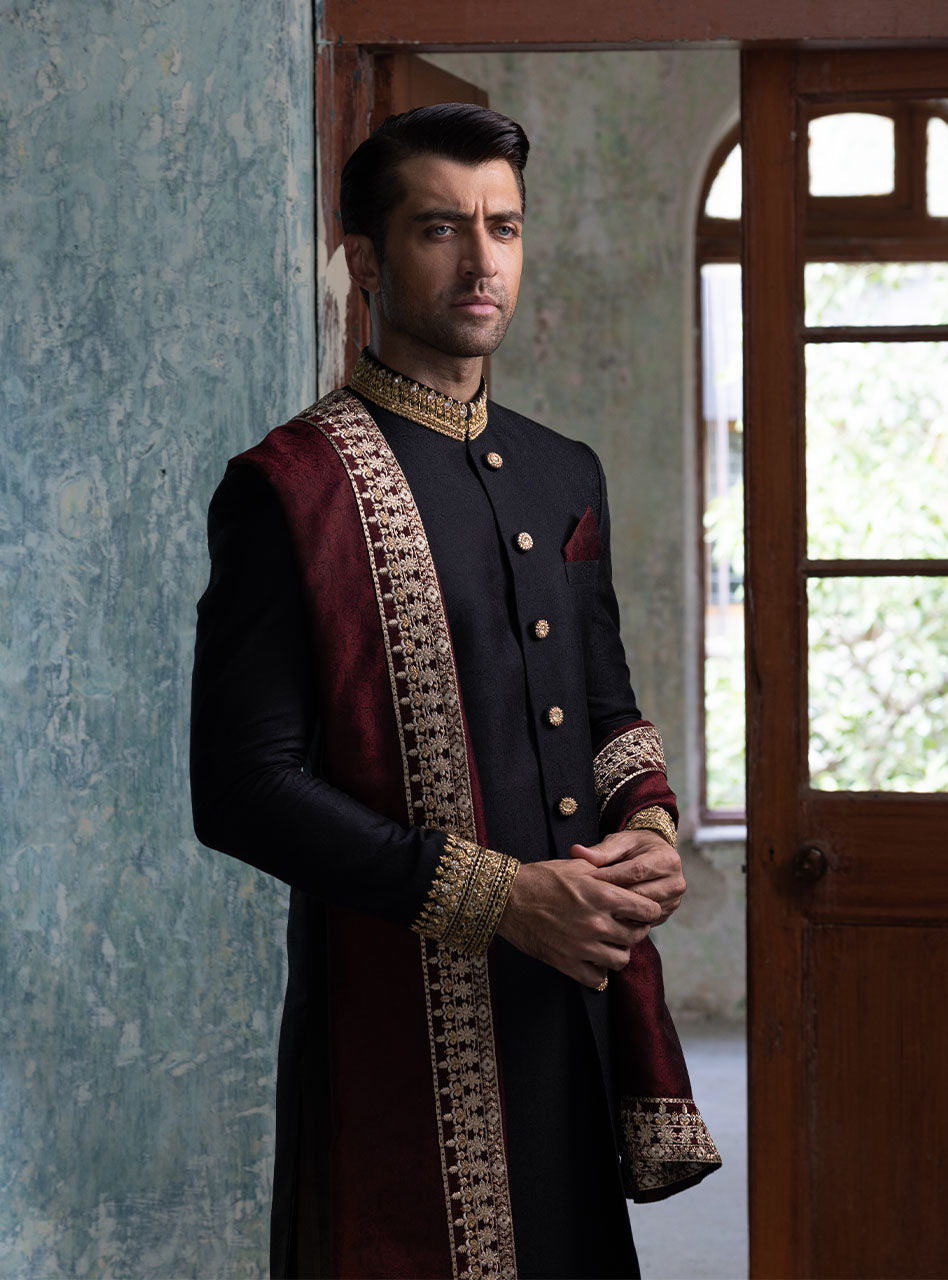 Black Embroidered Cotton-Jacquard Sherwani (3-Piece) - Image 2