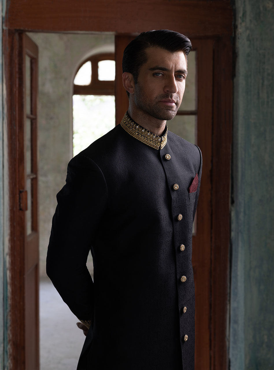 Black Embroidered Cotton-Jacquard Sherwani (3-Piece) - Image 3