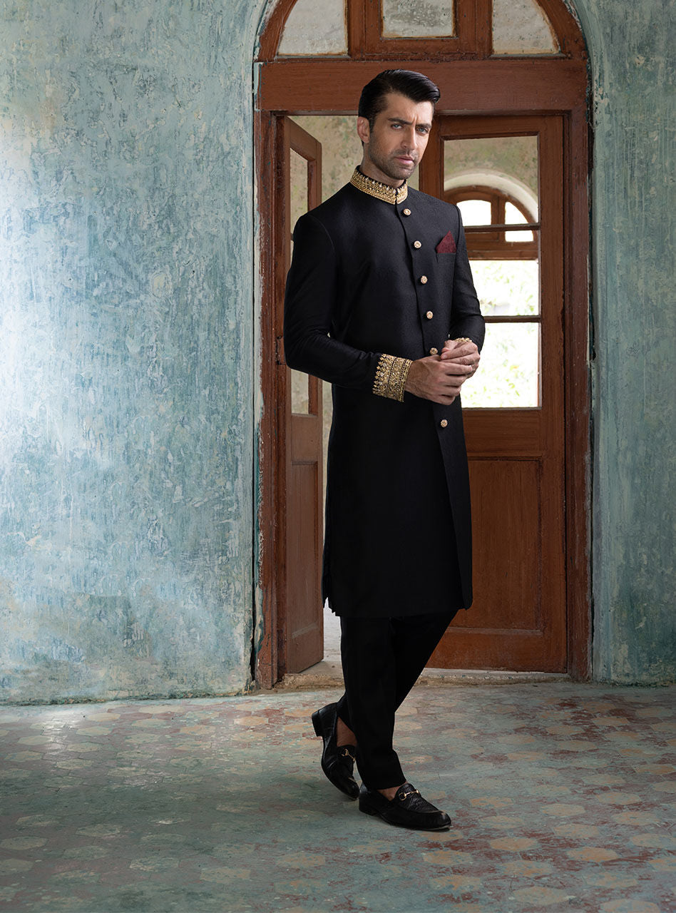 Black Embroidered Cotton-Jacquard Sherwani (3-Piece) - Image 6