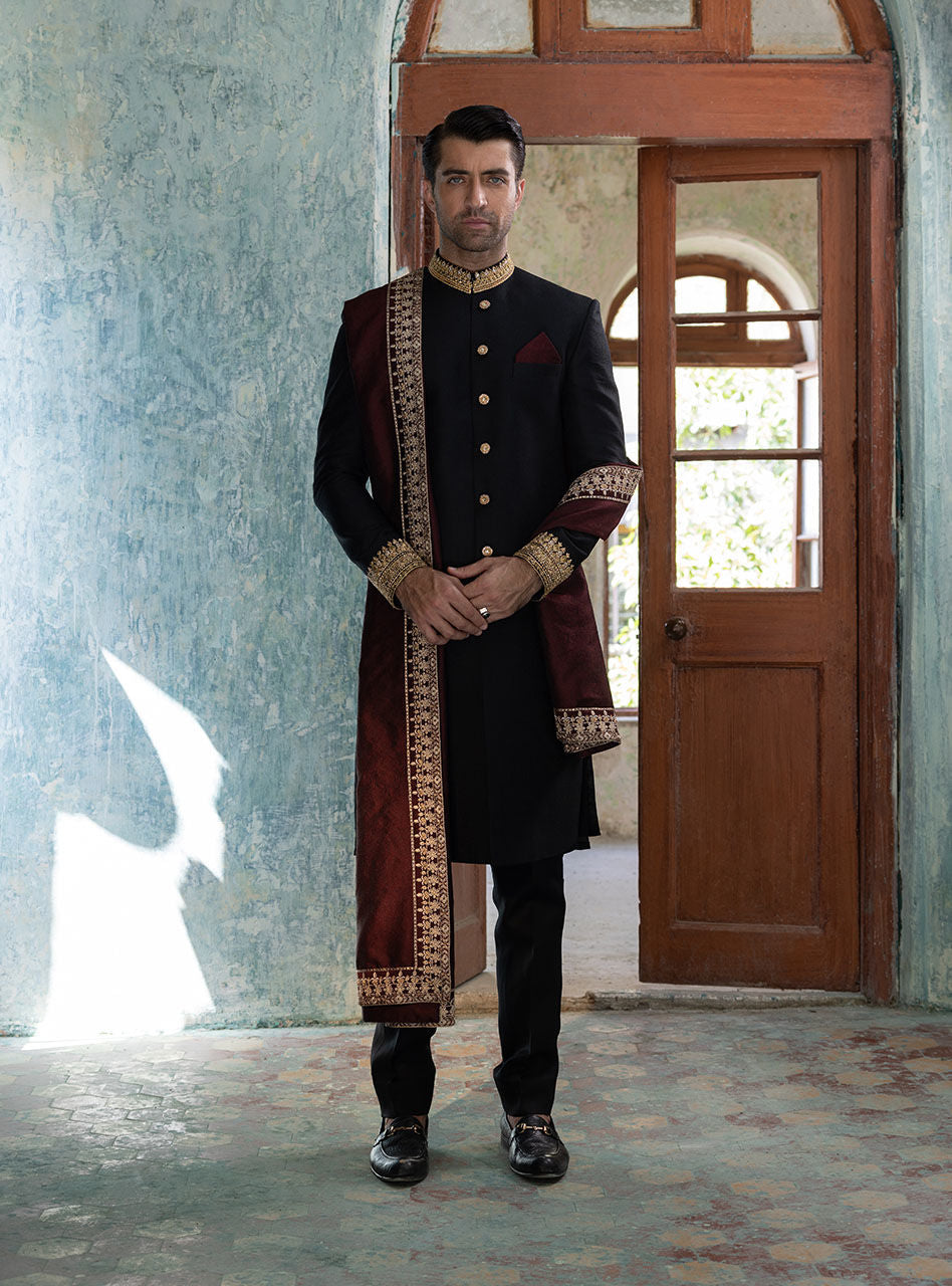 Black Embroidered Cotton-Jacquard Sherwani (3-Piece) - Image 7