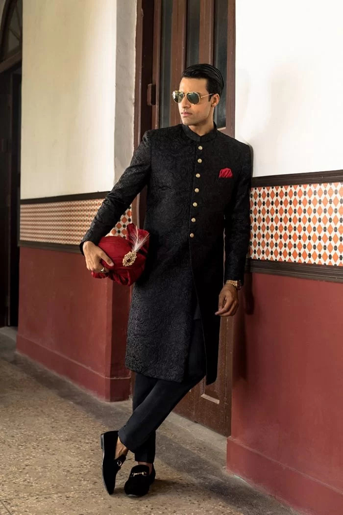 Black Embossed Cotton Silk Sherwani (3-Piece) - Image 2