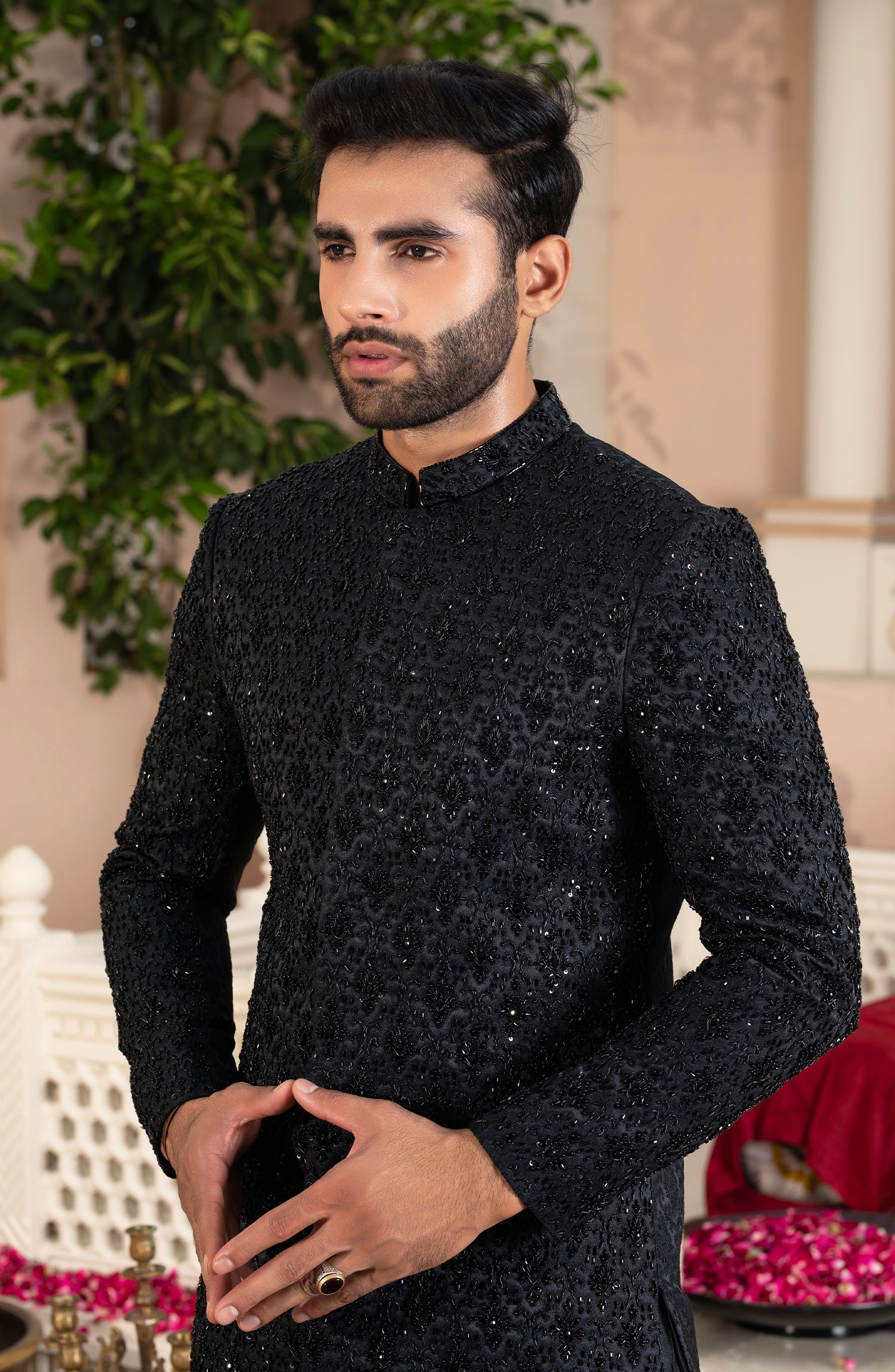 Black Embossed Sherwani with Heavy Kora Dabka (3-Piece) - Image 2