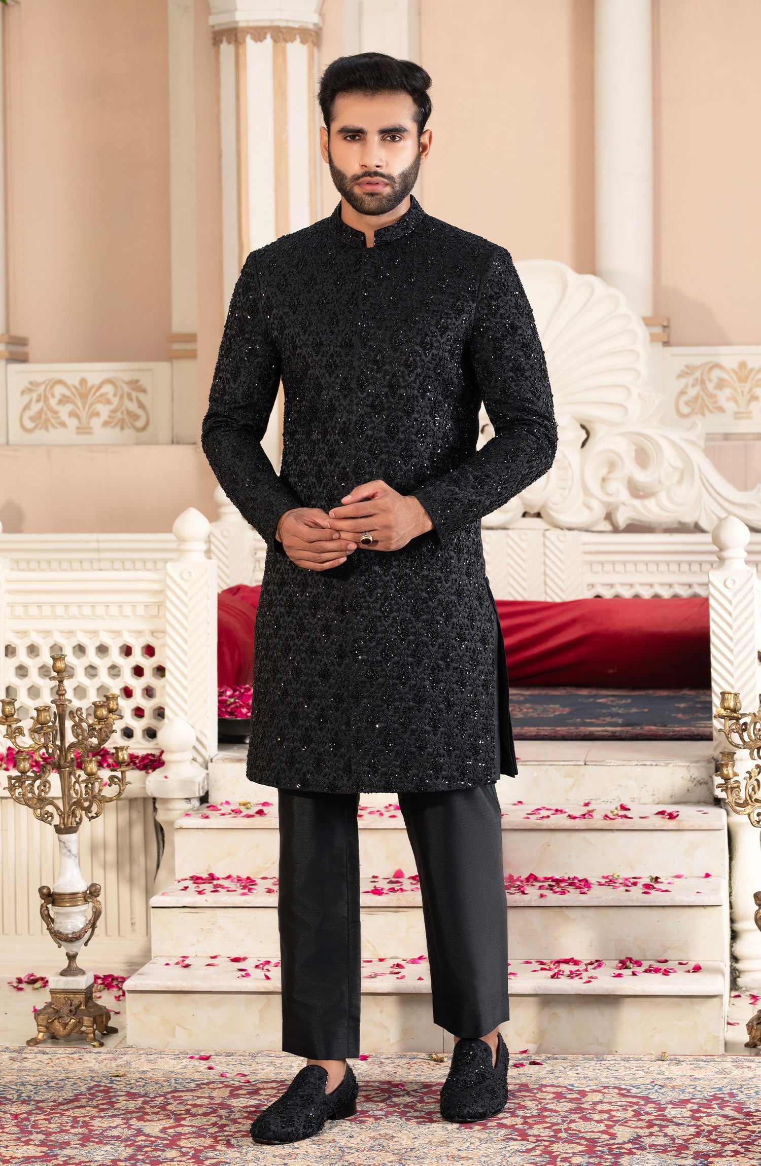 Black Embossed Sherwani with Heavy Kora Dabka (3-Piece) - Image 3