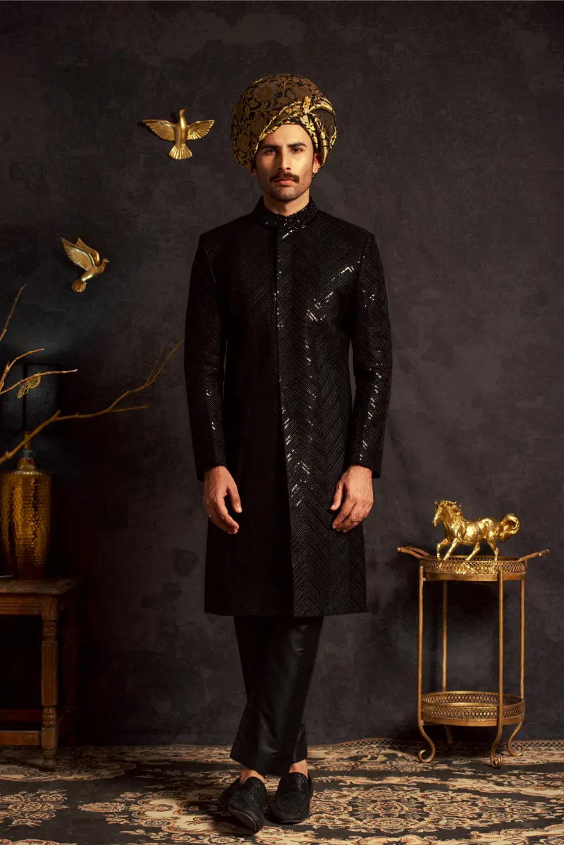 Black Embroidered Masoori Sherwani (3-Piece) - Image 1