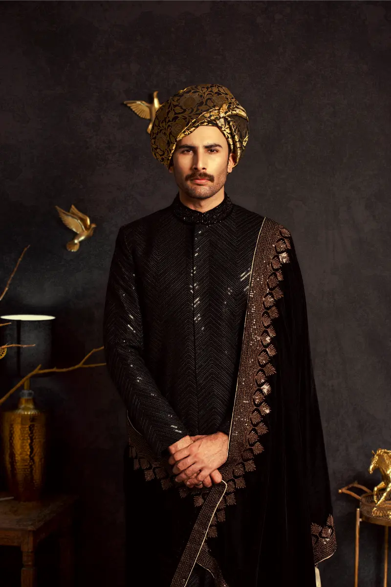 Black Embroidered Masoori Sherwani (3-Piece) - Image 2
