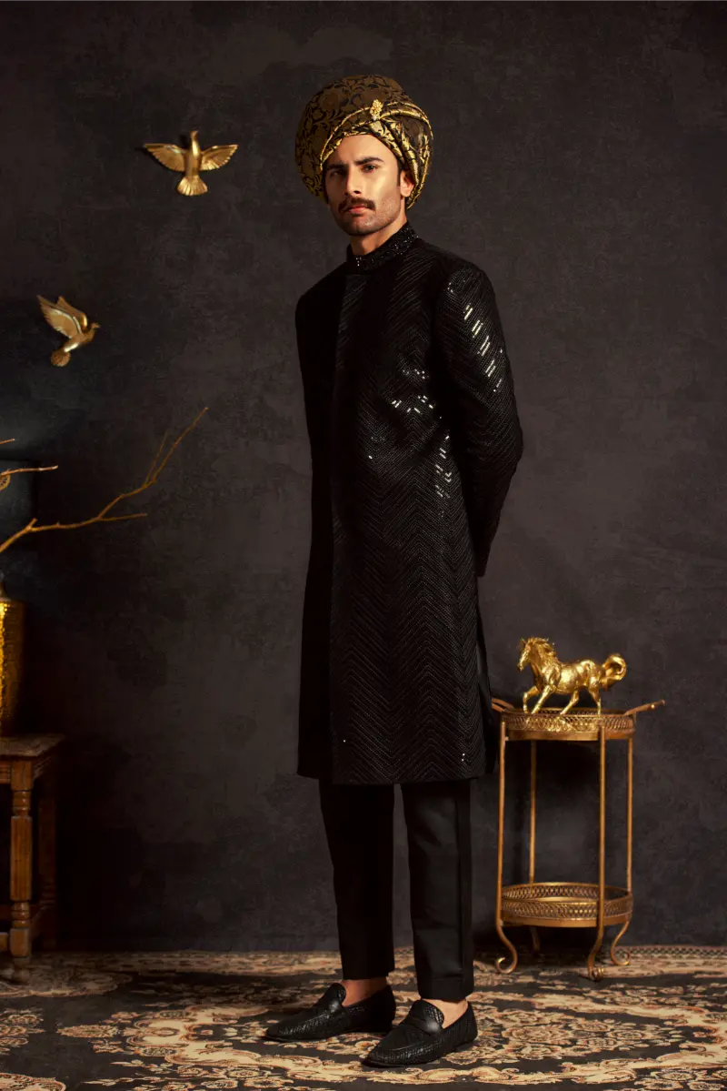 Black Embroidered Masoori Sherwani (3-Piece) - Image 3