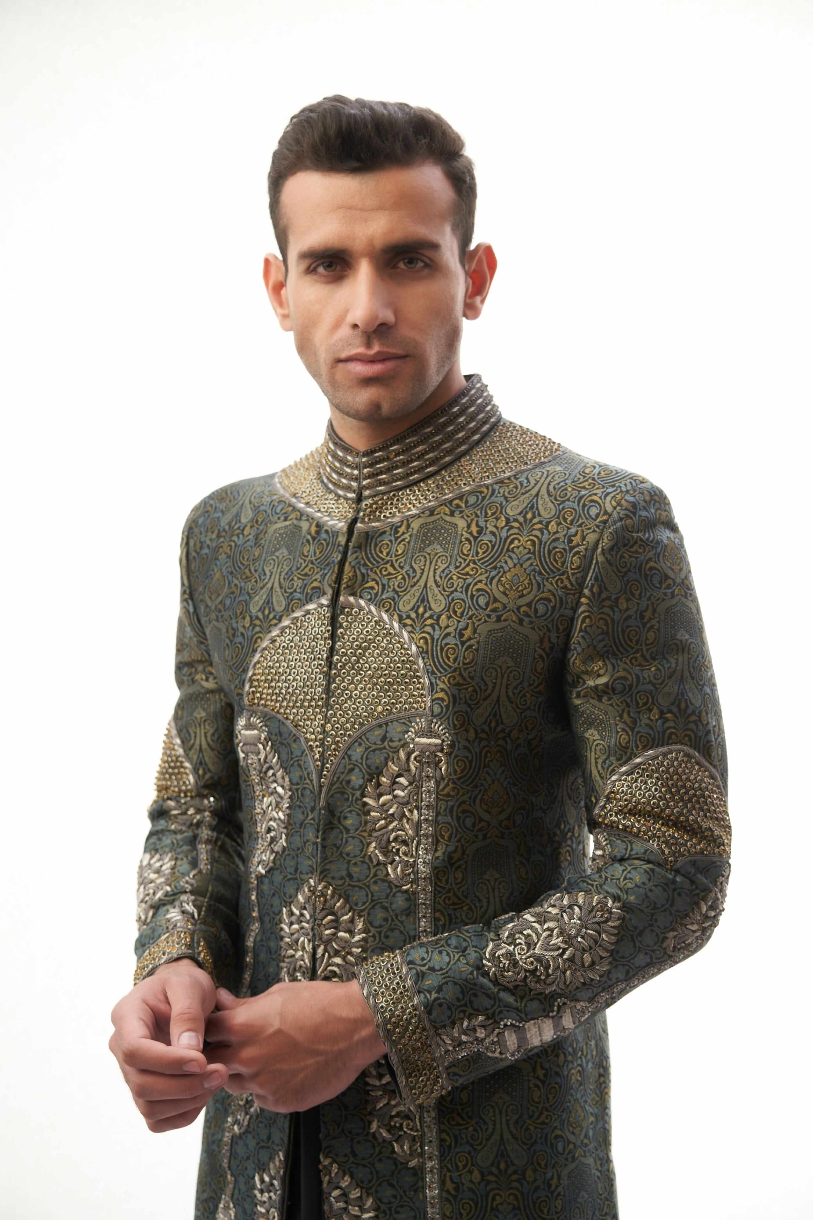 Black & Grey Zardozi Engineered Brocade Sherwani (2-Piece) - Image 1