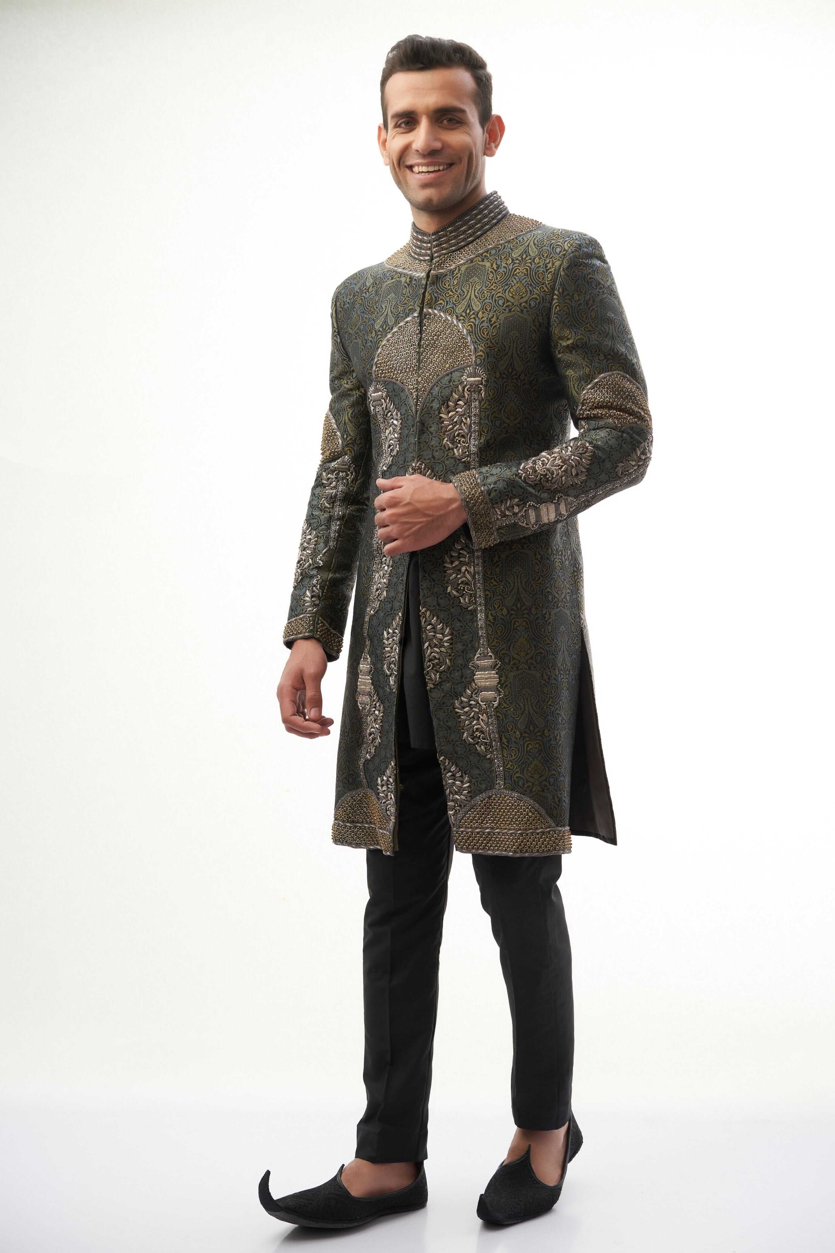 Black & Grey Zardozi Engineered Brocade Sherwani (2-Piece) - Image 2