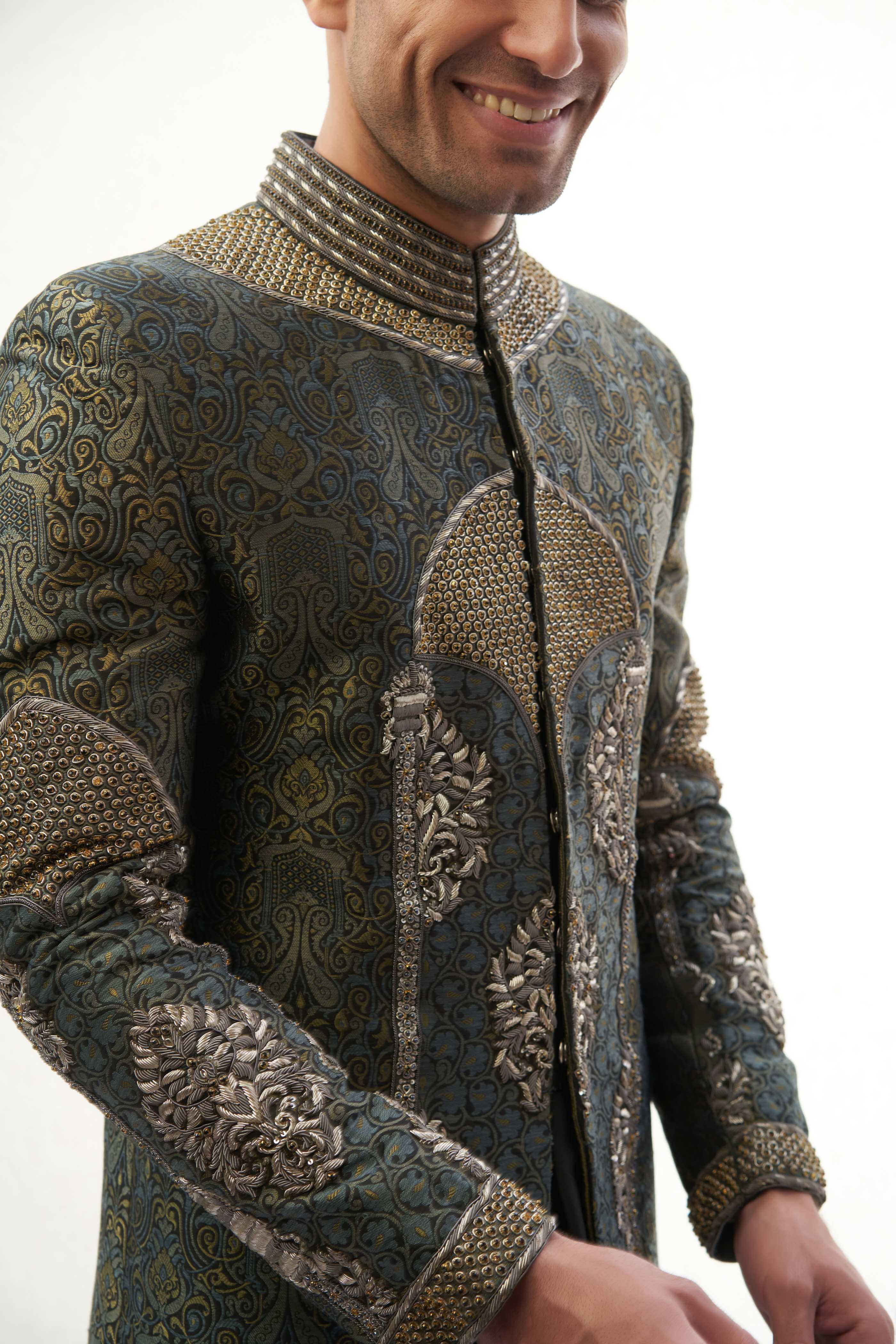 Black & Grey Zardozi Engineered Brocade Sherwani (2-Piece) - Image 4