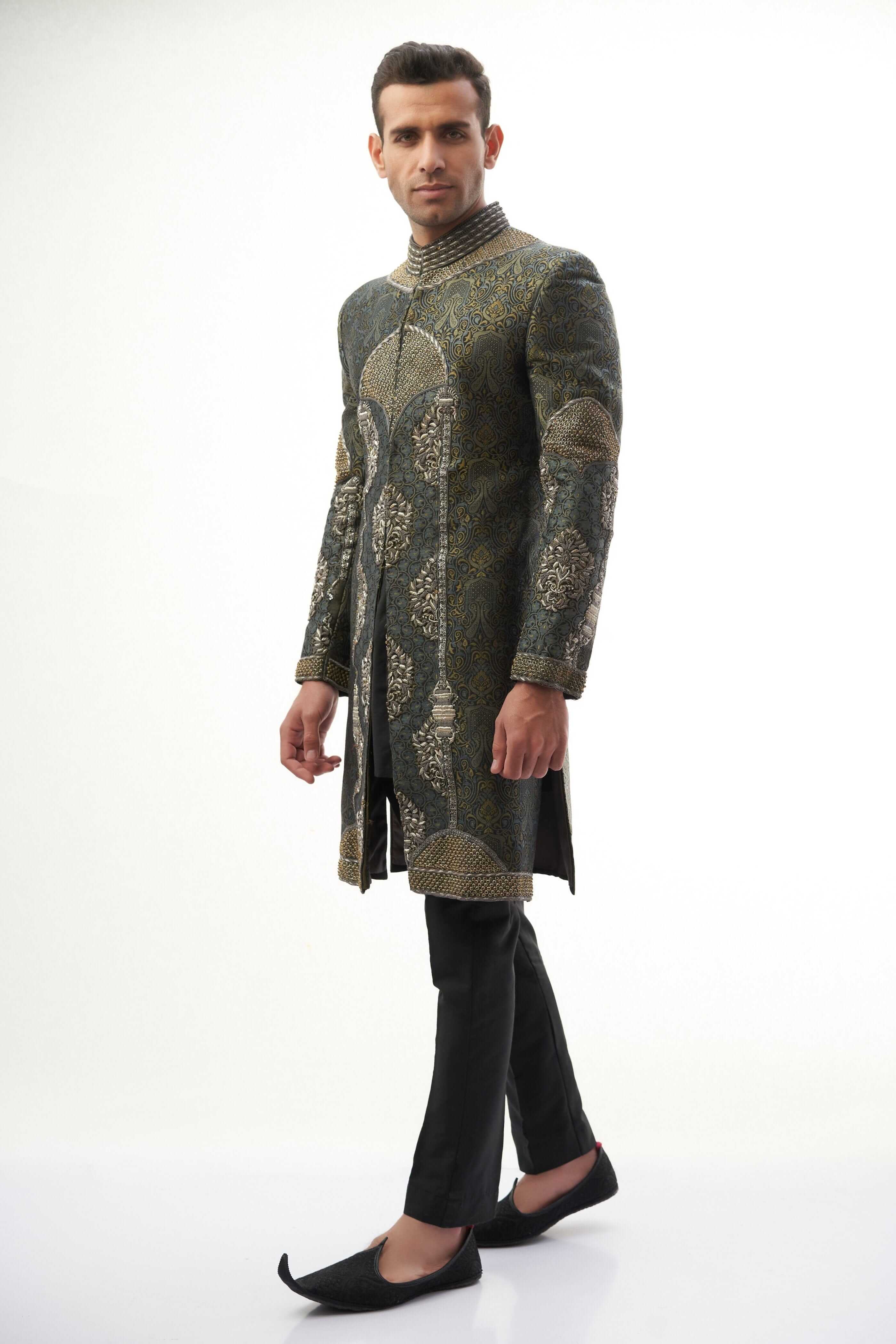 Black & Grey Zardozi Engineered Brocade Sherwani (2-Piece) - Image 6