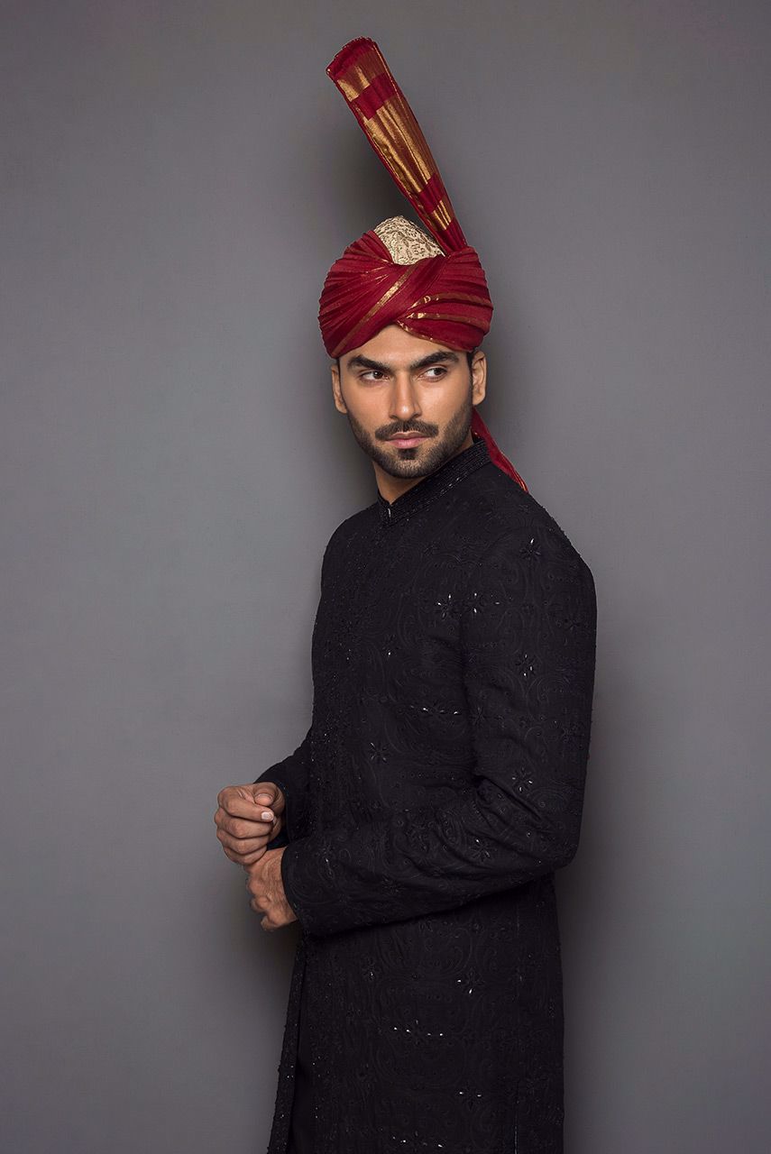 Black Resham Embroidered Georgette Sherwani (2-Piece) - Image 4