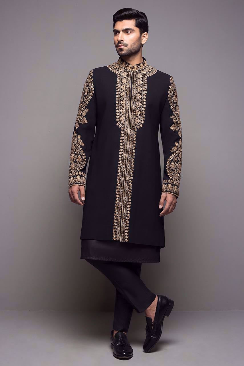 Black Resham Embroidered Georgette Sherwani (3-Piece) - Image 2