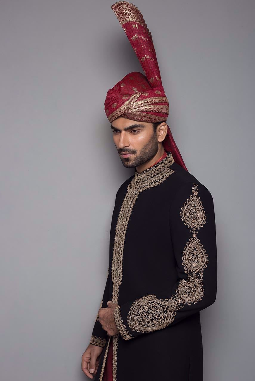 Black Resham Embroidered Georgette Sherwani (2-Piece) - Image 2