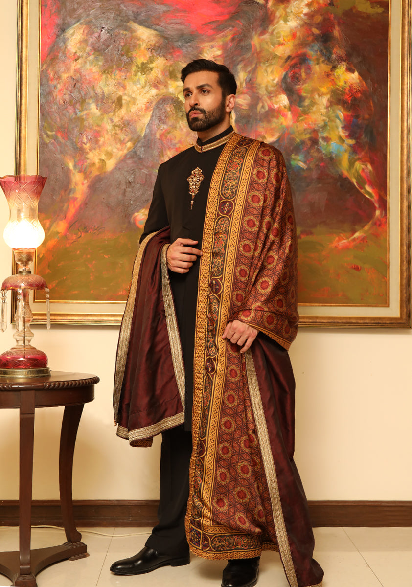 Black Handworked Georgette Groom Sherwani (3-Piece) - Image 1