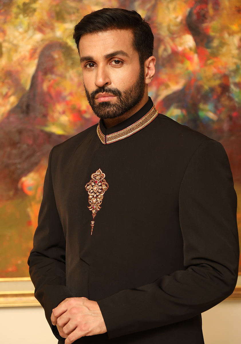 Black Handworked Georgette Groom Sherwani (3-Piece) - Image 2