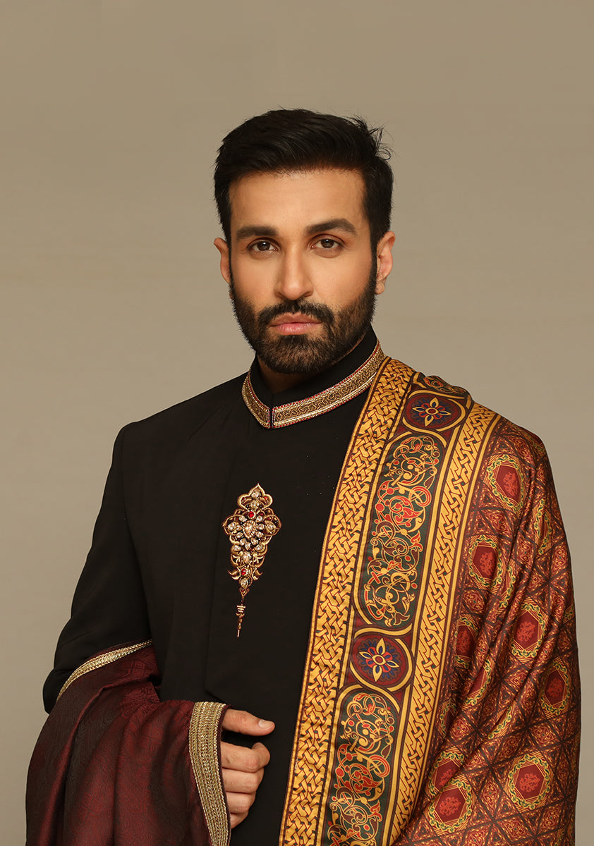 Black Handworked Georgette Groom Sherwani (3-Piece) - Image 5