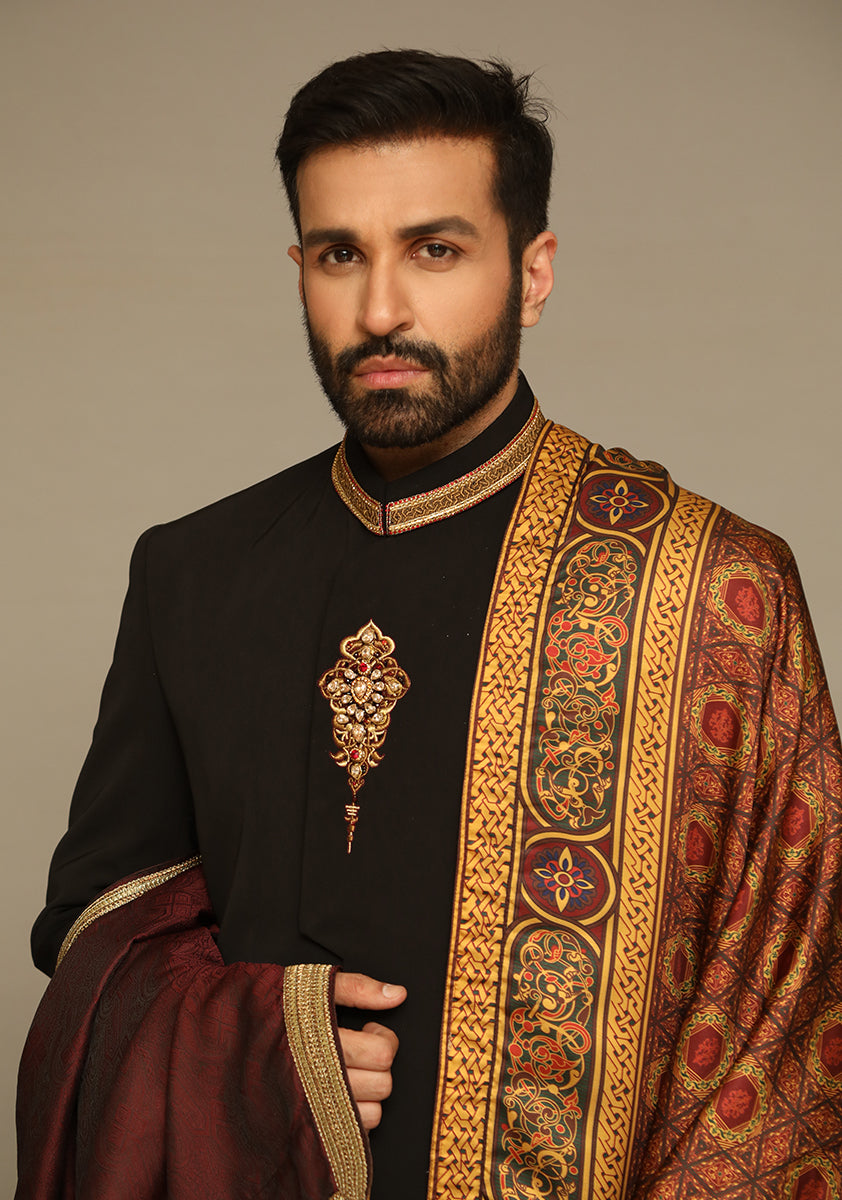 Black Handworked Georgette Groom Sherwani (3-Piece) - Image 6