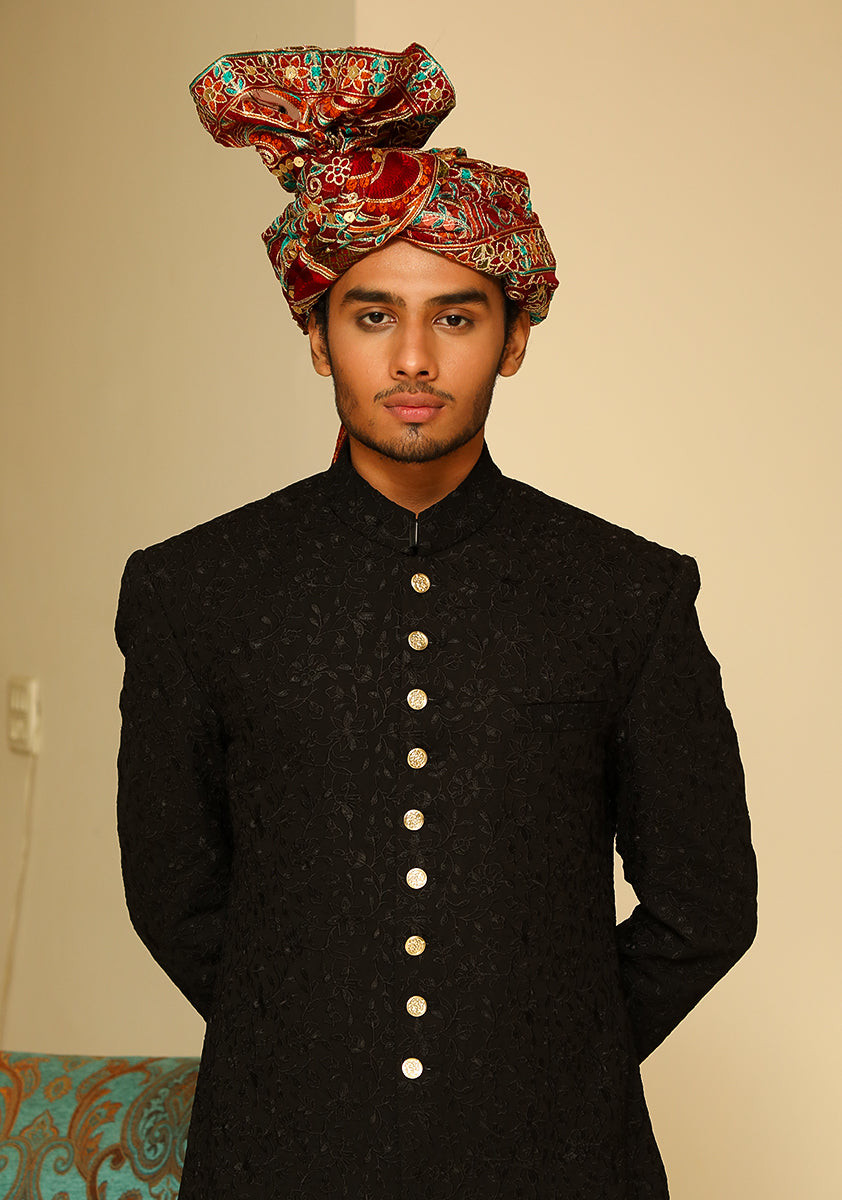 Black Georgette Groom Sherwani with Maroon Turban (3-Piece) - Image 1