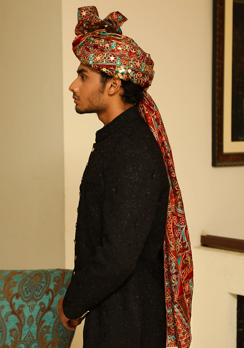 Black Georgette Groom Sherwani with Maroon Turban (3-Piece) - Image 2